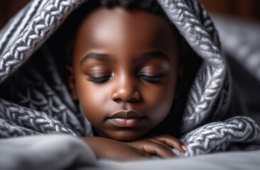 Cute little baby sleeping in bed,dark skin, boy covered with blanket,sweet baby sleep, afro hairstyle