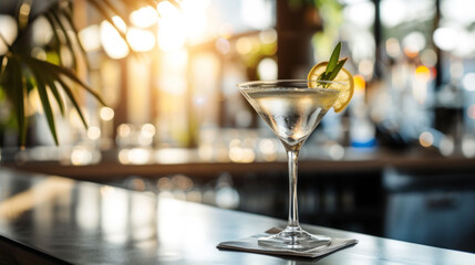 Martini cocktail on bar counter, modern interior, sunset light