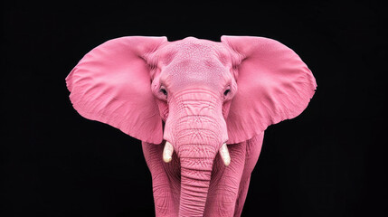 Cute pink elephant isolated on black background, front view