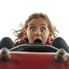 A child looking terrified on a roller coaster isolated on white background, cinematic, png
 - obrazy, fototapety, plakaty