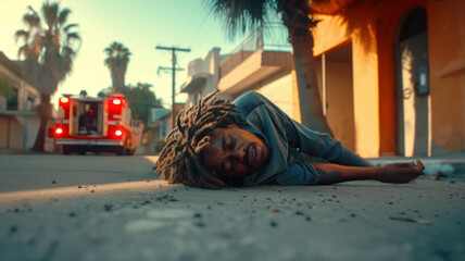 Young drug addicted man with dreadlocks overdosed on the street