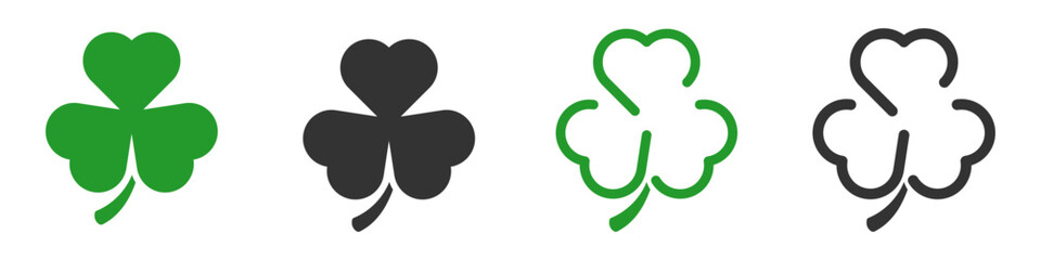 Clover icon set. St Patrick's day. Green clover icons. Four leaf clover. Vector illustration. - obrazy, fototapety, plakaty