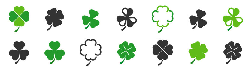 Clover icon set. St Patrick's day. Green clover icons. Four leaf clover. Vector illustration.