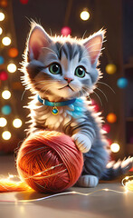 vector illustration, cute cheerful kitten playing with a ball of thread, children's picture for illustration, 3D rendering, sticker for children, background for smartphone or shorts,