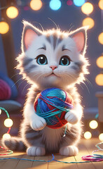 vector illustration, cute cheerful kitten playing with a ball of thread, children's picture for illustration, 3D rendering, sticker for children, background for smartphone or shorts,