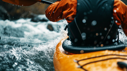 Fototapeta premium Man in kayak with paddle. Back view. Splashes of water of mountain river. Extreme kayak sport concept. Generative AI