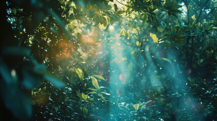 A lush forest glows with an otherworldly iridescence the presence of angels woven into the very fabric of nature.