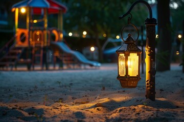 Candlelit Lantern Casting Light on Sand-Floor Playground. Ramadan Mubarak