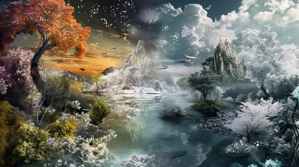 Surreal landscape: Dynamic division between vibrant summer and serene winter.