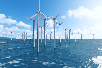 Many wind turbines installed in the ocean, standing tall against a backdrop of blue sky. symbolizes...