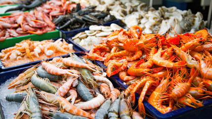 A lot of fresh seafood on local fish market