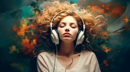 A woman immersed in music, her headphones merging with a vibrant, abstract backdrop symbolizing the flow of sound.