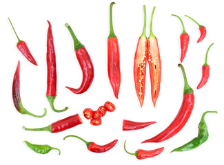 Hot chili peppers and cross section of long peppers. Small peppers, sliced peppers and different shapes of chili peppers