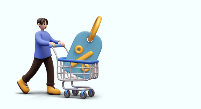 Male character is carrying shopping cart with discount sign