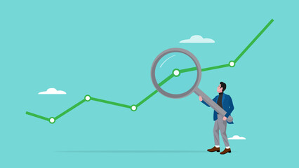 investment analysis statistic, financial investment business analysis, analyze stock market or crypto currency data movement, person with magnifying glass analyzes investment statistics graph
