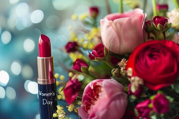 Obraz na płótnie Canvas Celebrating Women: Flowers, Lipstick, Heart. Women Day
