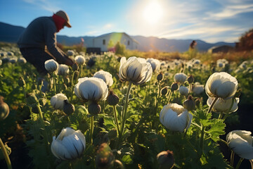 Opium poppy field harvest