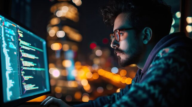 Concentrated programmer coding on laptop with city lights reflected on screen at night