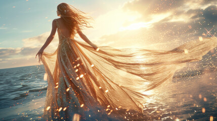 Goddess of fairy in magical dress walks on water, magical sea scene