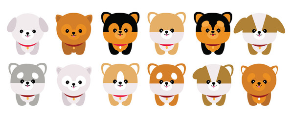 Fototapeta premium Cute dogs doodle vector set. Cartoon cutie dog or puppy characters design collection with flat color in different poses. Set of funny pet animals isolated on white background. Brown,black,white,gray