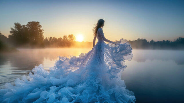 Beautiful goddess or nymph in intricate blue dress made of splashes walks on lake