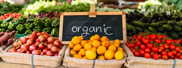 fresh organic vegetables on the shelves of the bazaar. Inscription organic - obrazy, fototapety, plakaty