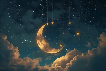 Eid Mubarak Background featuring Moon and Stars for Ramadan Celebration. Ramadan Mubarak