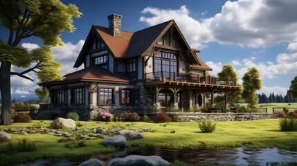 Fototapeta na wymiar beautiful country house on the river process
