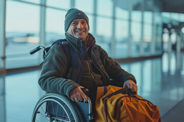 Disabled male traveler sitting in wheelchair waiting for a flight at the airport terminal