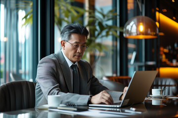 Senior Asian businessman working in laptop and sitting in modern office. Business people concept - obrazy, fototapety, plakaty