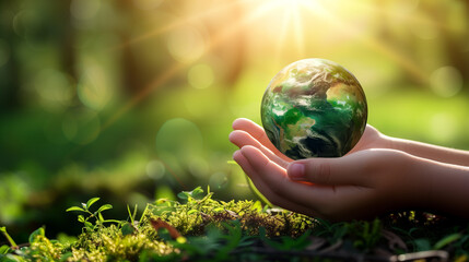 Hand embracing globe. Renewable and sustainable resources protecting planet together. World Earth Day