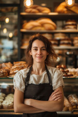 a woman in an apron on the background of shelves with pastries