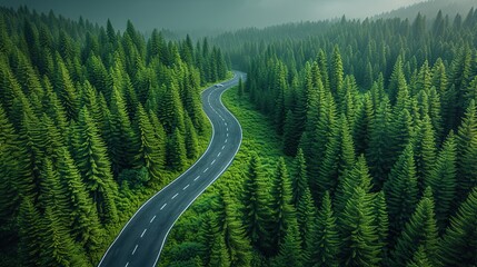aerial view, green forest and asphalt road, forest road, top view through forest with ecosystem, healthy environment, road trip