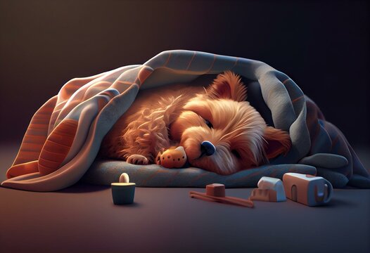 3d cartoon dog sleeping in his bed. Generative AI
