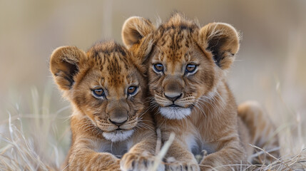 Obraz premium Portrait of lion cubs in the forest