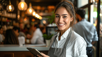 A charming hostess in a white shirt and apron, holding a digital tablet in a lively restaurant setting.