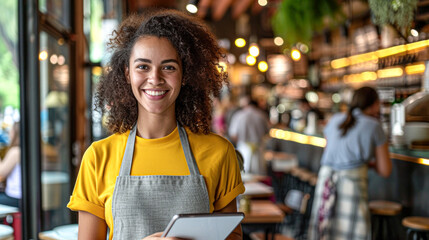 Welcoming waitress in a yellow shirt and apron smiling while holding a digital tablet in a bustling café.