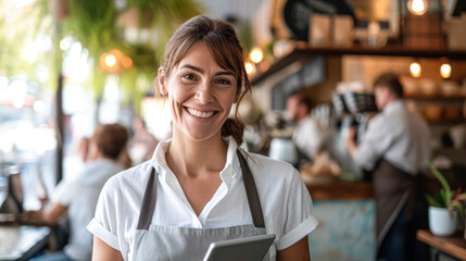 A charming hostess in a white shirt and apron, holding a digital tablet in a lively restaurant setting.