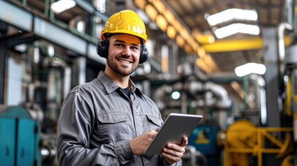 Young smiling industrial worker with safety helmet and ear protection using tablet in machinery background.