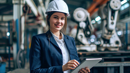 Smiling female engineer in a hard hat holding a digital tablet in a high-tech manufacturing plant.