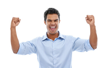 Fototapeta premium Success, winner and business man in studio for celebration, achievement or winning of bonus or happy sales. Excited employee with fist, yes and shouting for news or opportunity on a white background