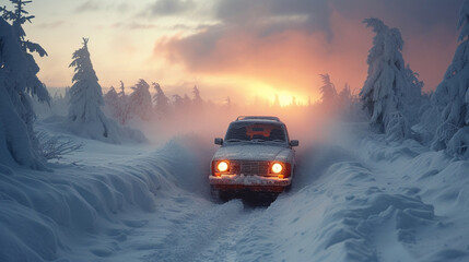 Car on impassable winter road, winter traffic, dangerous road