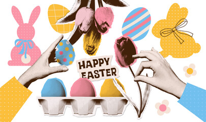 Contemporary art halftone vector paper collage of hands holding an egg, tulip flower and festive elements of Easter bunny, flower bunch. Happy Easter concept. Vector trendy vintage illustration.
