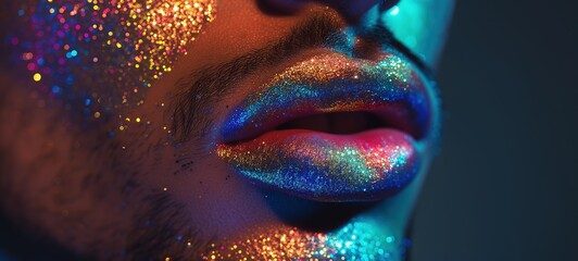 closeup man's lip with make up metallic iridescent rainbow glow, Generative Ai - obrazy, fototapety, plakaty