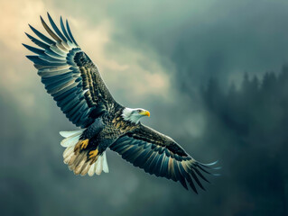 Majestic bald eagle soaring with spread wings in cloudy sky.
