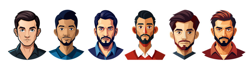 Set of vector human face portraits. Six different Young's heads. Male face logo. Vector illustration of male face.