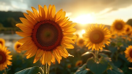 Close-up of sunflowers over the sunset sky.