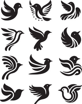 Set of birds vector silhouettes for logo clipart design concept, isolated on a white background