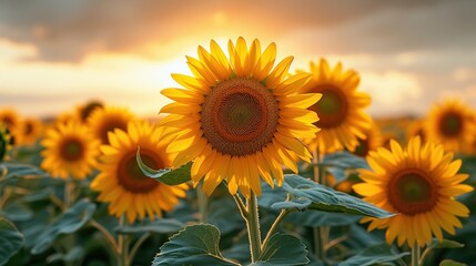 Obraz premium Close-up of sunflowers over the sunset sky.