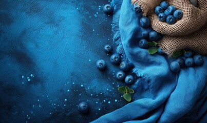 Fototapeta premium Scattered blueberry on burlap and blue background.